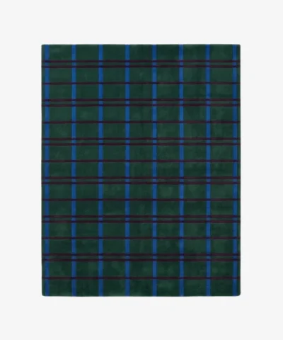 Full top-down product isolated shot of the rectangular green Tartan Checkered area rug featuring a deep blue and purple plaid pattern.