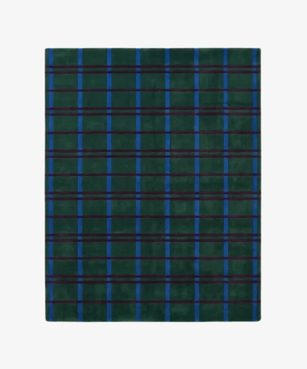 Full top-down product isolated shot of the rectangular green Tartan Checkered area rug featuring a deep blue and purple plaid pattern.