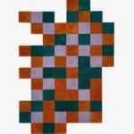 Full top-down product isolated shot of the uniquely shaped Terra Mosaic irregular area rug featuring a rust, teal, and lavender checkered pattern.