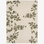 Full top-down product isolated shot of the rectangular Verdelle Grove area rug, featuring an elegant ivory cream background decorated with olive green vine and leaf botanical trailing patterns along the borders.