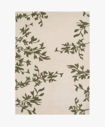 Full top-down product isolated shot of the rectangular Verdelle Grove area rug, featuring an elegant ivory cream background decorated with olive green vine and leaf botanical trailing patterns along the borders.