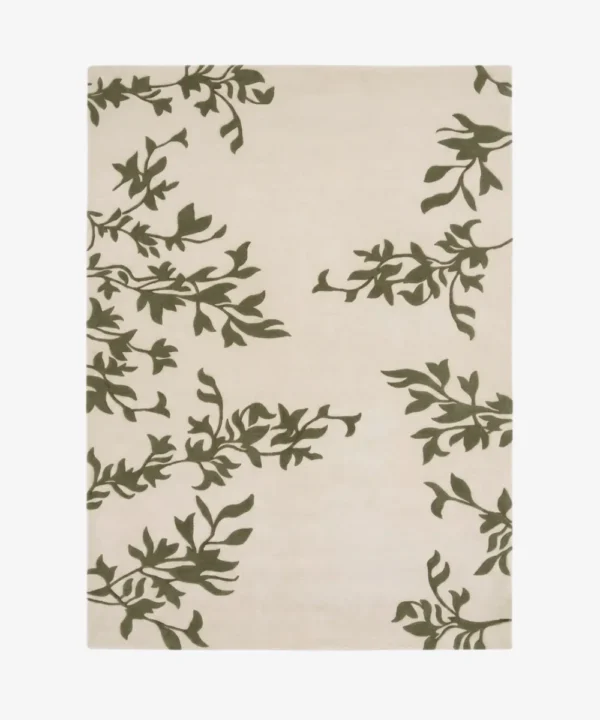 Full top-down product isolated shot of the rectangular Verdelle Grove area rug, featuring an elegant ivory cream background decorated with olive green vine and leaf botanical trailing patterns along the borders.