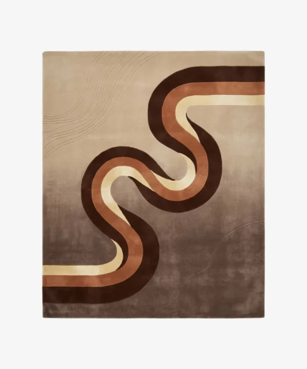 Full top-down product isolated shot of the rectangular Walnut Current area rug, featuring an ombre gradient background from taupe to dark brown accented by a central flowing wavy ribbon stripe in chocolate brown, terracotta orange, and cream.