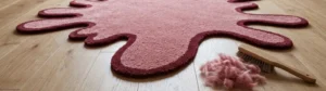 A wide low-angle shot of a custom fluid pink rug with a burgundy border on wood flooring, positioned next to a wooden grooming brush and a small pile of shed fibers to illustrate wool rug shedding explained what every rug buyer should know.