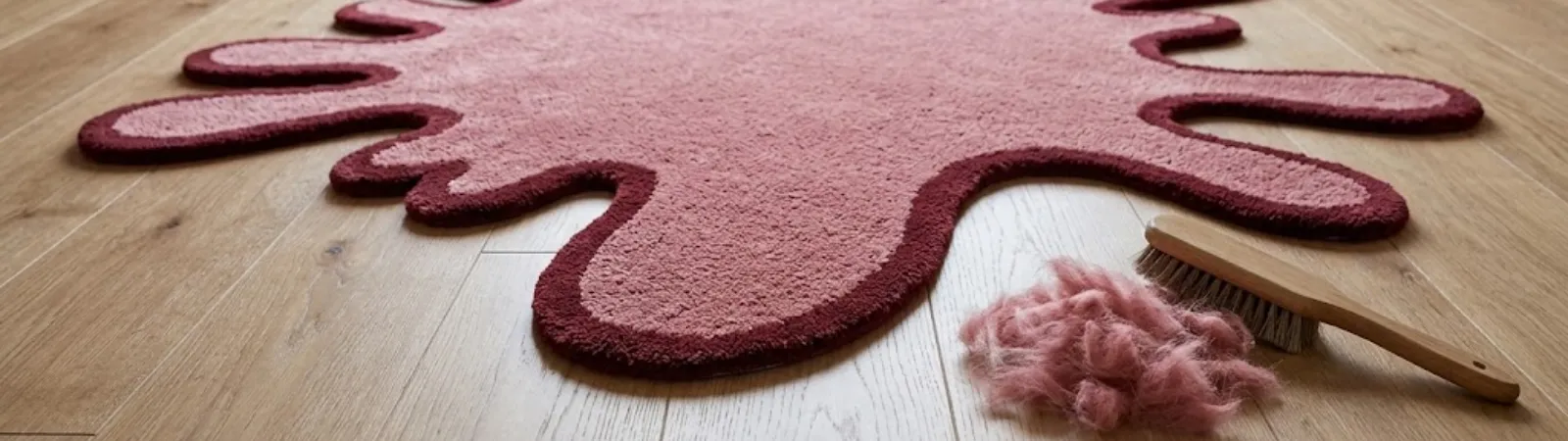 A wide low-angle shot of a custom fluid pink rug with a burgundy border on wood flooring, positioned next to a wooden grooming brush and a small pile of shed fibers to illustrate wool rug shedding explained what every rug buyer should know.