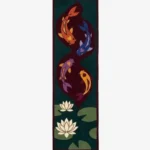 Full top-down product isolated shot of the long rectangular Aqua Harmony hallway runner rug, featuring four colorful Japanese koi fish swimming in a dark maroon pool surrounded by a deep teal field with white lotus flowers and green lily pads.