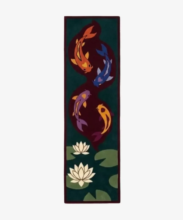 Full top-down product isolated shot of the long rectangular Aqua Harmony hallway runner rug, featuring four colorful Japanese koi fish swimming in a dark maroon pool surrounded by a deep teal field with white lotus flowers and green lily pads.