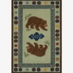 Beargrove rectangular tufted area rug featuring handwoven illustrations of bears, geometric Greek key borders, and botanical elements displayed flat.
