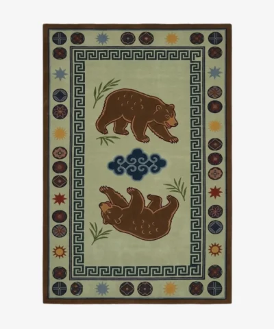 Beargrove rectangular tufted area rug featuring handwoven illustrations of bears, geometric Greek key borders, and botanical elements displayed flat.
