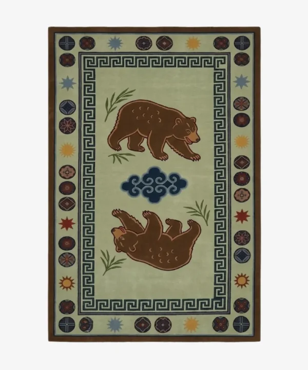Beargrove rectangular tufted area rug featuring handwoven illustrations of bears, geometric Greek key borders, and botanical elements displayed flat.