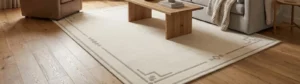 Light beige bordered area rug styled on natural hardwood flooring in a modern living room with wooden coffee table and sofa.