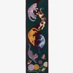 Full top-down product isolated shot of the long rectangular Cat Harmony hallway runner rug, featuring five playful illustrated kittens, butterflies, and textured yarn balls in solid shades of orange, purple, calico, and blue across a deep forest green and maroon background field.