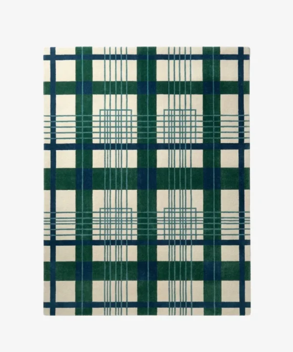 A full top-down studio photograph of the rectangular Evergreen Plaid area rug, showcasing a classic tartan-inspired geometric pattern in deep forest green, navy blue, and off-white.