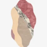 Full top-down product isolated shot of the custom irregular-shaped Horizon Flow area rug, showcasing a multi-textured abstract landscape design with flowing blocks of mauve pink, warm beige, sandy taupe, and a central textured grey vein accent track.