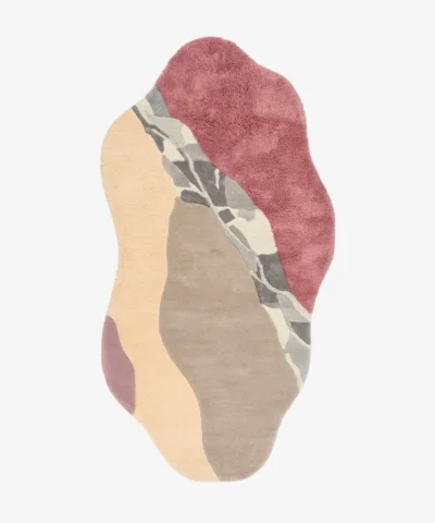 Full top-down product isolated shot of the custom irregular-shaped Horizon Flow area rug, showcasing a multi-textured abstract landscape design with flowing blocks of mauve pink, warm beige, sandy taupe, and a central textured grey vein accent track.