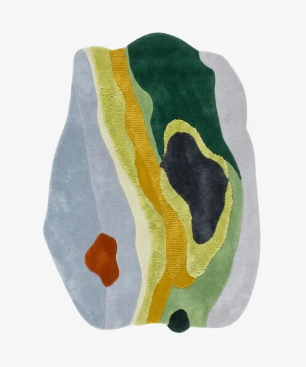 Full top-down isolated product shot of the custom irregular-shaped Lichen Flow area rug, showcasing a multi-textured abstract moss landscape design with organic blocks of forest green, chartreuse yellow, slate grey, sage, and a small terracotta orange accent patch.