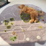 A lifestyle shot of the Liora Moss rug styled on a modern light-colored floor, with a golden-brown doodle dog sleeping peacefully on the soft rug surface.