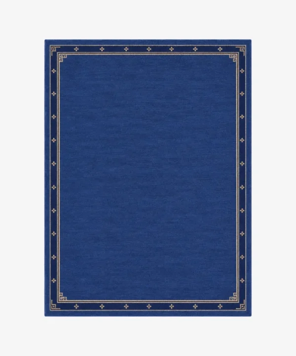 marea vale blue border rug with classic beige detailing on white background