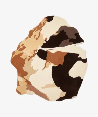 Mesadine irregular organic shaped abstract color-block area rug featuring brown, tan, and cream tones displayed flat.