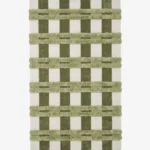 Full top-down product isolated shot of the rectangular Moss Interlace area rug, showcasing a modern checkered design with vertical olive green blocks on an off-white field, overlaid with raised, high-pile textured horizontal stripes in a lighter sage green.