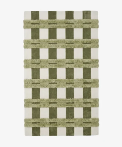 Full top-down product isolated shot of the rectangular Moss Interlace area rug, showcasing a modern checkered design with vertical olive green blocks on an off-white field, overlaid with raised, high-pile textured horizontal stripes in a lighter sage green.