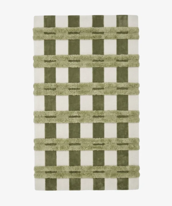 Full top-down product isolated shot of the rectangular Moss Interlace area rug, showcasing a modern checkered design with vertical olive green blocks on an off-white field, overlaid with raised, high-pile textured horizontal stripes in a lighter sage green.