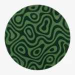 A full top-down isolated product shot of the round Novique area rug, displaying its signature topographic, multi-tonal green wavy design on a clean background.
