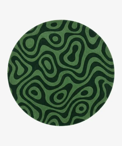 A full top-down isolated product shot of the round Novique area rug, displaying its signature topographic, multi-tonal green wavy design on a clean background.
