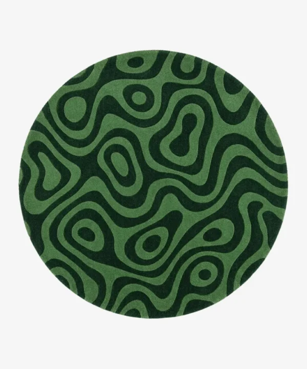 A full top-down isolated product shot of the round Novique area rug, displaying its signature topographic, multi-tonal green wavy design on a clean background.