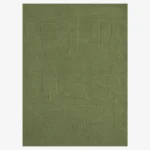 Oliva olive green geometric abstract tufted area rug displayed flat on a clean background.