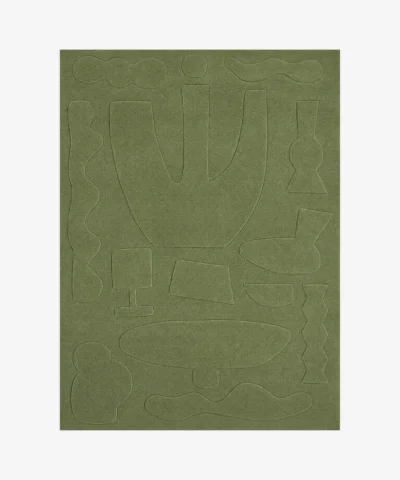 Oliva olive green geometric abstract tufted area rug displayed flat on a clean background.