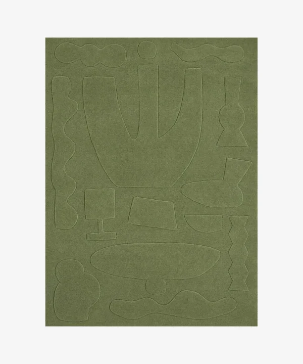 Oliva olive green geometric abstract tufted area rug displayed flat on a clean background.
