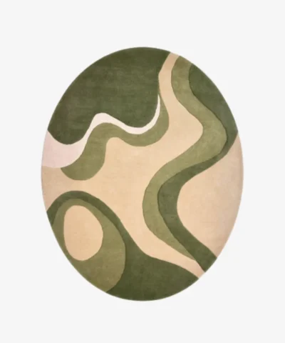 A top-down studio product photograph of the Sage Mevora oval area rug, featuring an abstract, organic pattern in layered shades of green, beige, and cream.