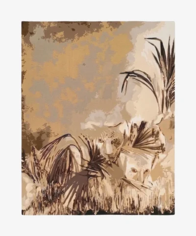 A full top-down product photograph of the Savannah Pride rug, showcasing an intricate wildlife-inspired design featuring leopards amidst tall grass in earthy tones of beige, brown, and tan.