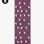 Top-down studio product photograph of a purple wool runner rug featuring a repeating pattern of white and black sheep motifs.