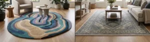 Side-by-side interior design comparison showing a modern organic-shaped blue and purple area rug versus a traditional rectangular patterned area rug on matching light hardwood floors.