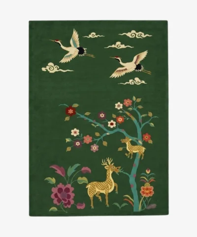 Verdanis green rectangular tufted area rug featuring traditional crane birds, floral motifs, and deer designs displayed flat against a clean background.
