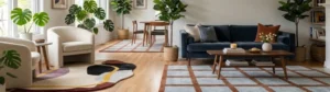 Modern living room interior featuring multiple designer area rugs, including a unique organic-shaped abstract rug and a large blue checkerboard rug styled around a blue sofa and indoor plants.