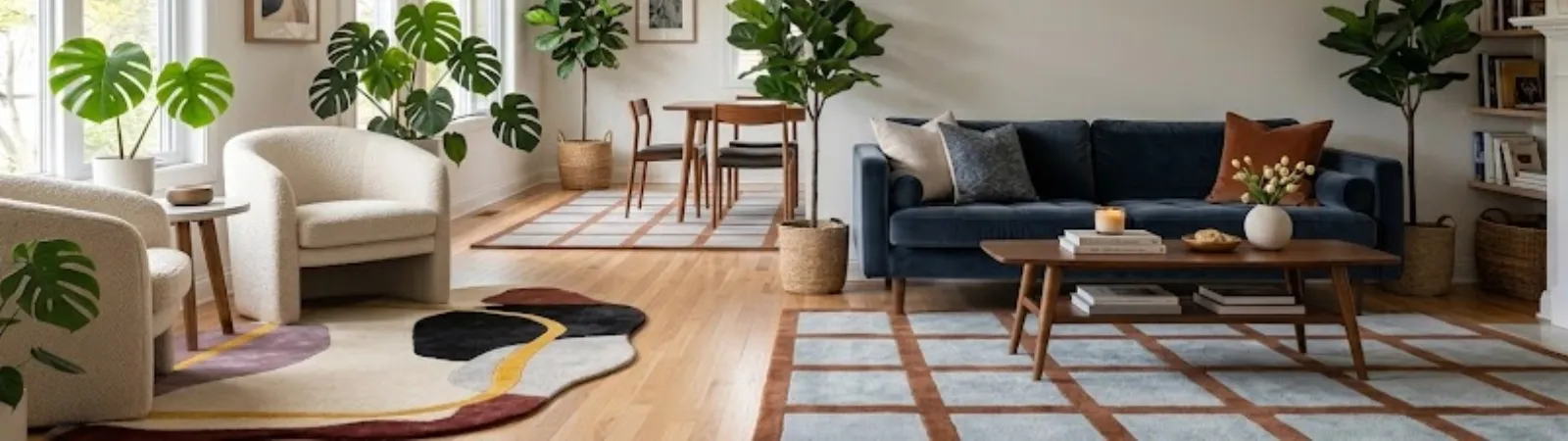 Modern living room interior featuring multiple designer area rugs, including a unique organic-shaped abstract rug and a large blue checkerboard rug styled around a blue sofa and indoor plants.