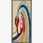 Arcadia rectangular tufted area rug featuring abstract curved color bands and a black-and-white checkerboard border, displayed flat.