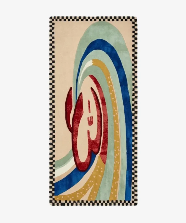 Arcadia rectangular tufted area rug featuring abstract curved color bands and a black-and-white checkerboard border, displayed flat.