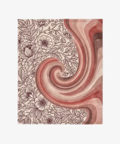 Blushe Florava rectangular tufted area rug featuring a split design of intricate botanical floral line art and swirling pink gradient waves, displayed flat.