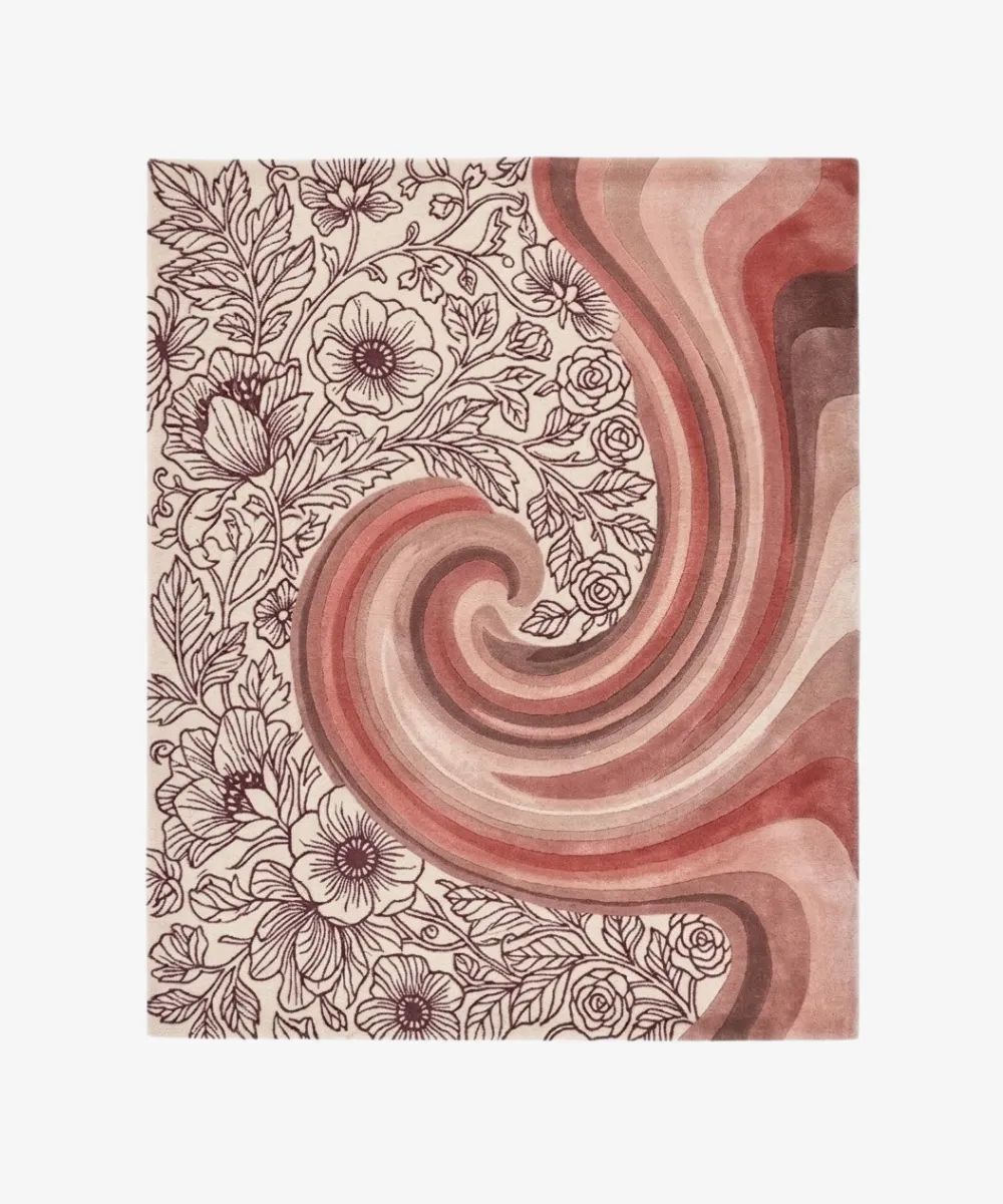 Blushe Florava rectangular tufted area rug featuring a split design of intricate botanical floral line art and swirling pink gradient waves, displayed flat.