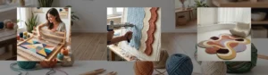 Process of creating custom handmade tufted rugs featuring a weaver at a loom, a rug tufting gun in action, and a finished abstract organic rug in a modern room.