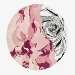 Florio Eclat round abstract tufted area rug combining split designs of pink fluid color blocking and a black-and-white linear rose, displayed flat.