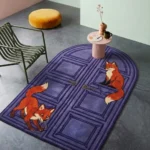 Foxmere purple novelty area rug styled in a modern minimalist living space with a green accent chair and pink side table.