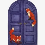 Foxmere purple arch-shaped tufted area rug featuring playful illustrated foxes and a carved double-door design, displayed flat.