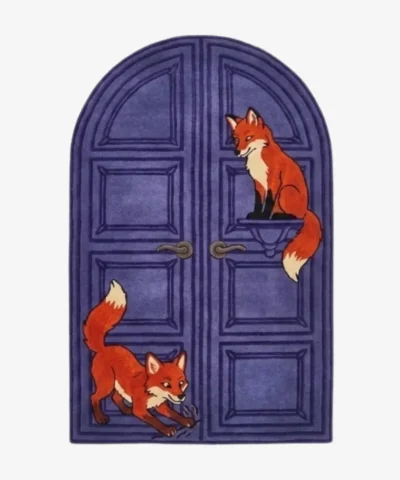 Foxmere purple arch-shaped tufted area rug featuring playful illustrated foxes and a carved double-door design, displayed flat.