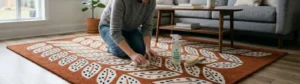 Woman gently cleaning a rust-orange botanical print wool area rug with gentle wool cleaner and cloth in a modern living room.