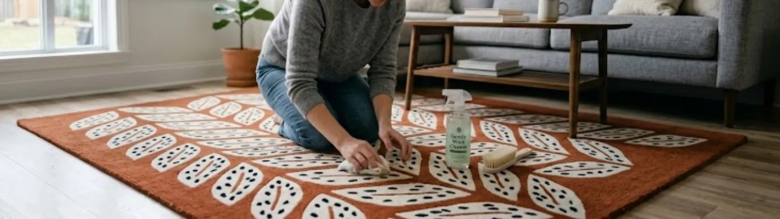 Woman gently cleaning a rust-orange botanical print wool area rug with gentle wool cleaner and cloth in a modern living room.